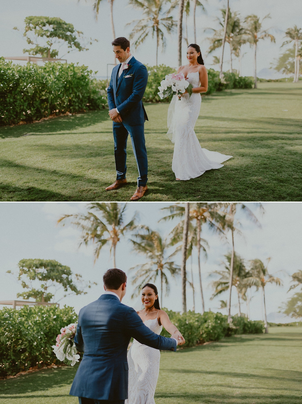 first-look-bride-and-groom-on-lawn-in-shade-of-palm-trees