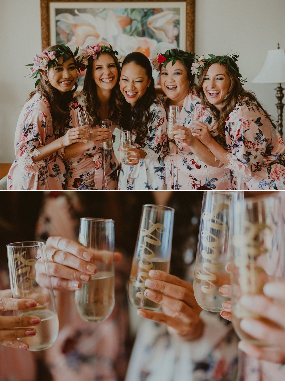 bride-and-bridesmaid-toasting-champagne-in-floral-robes
