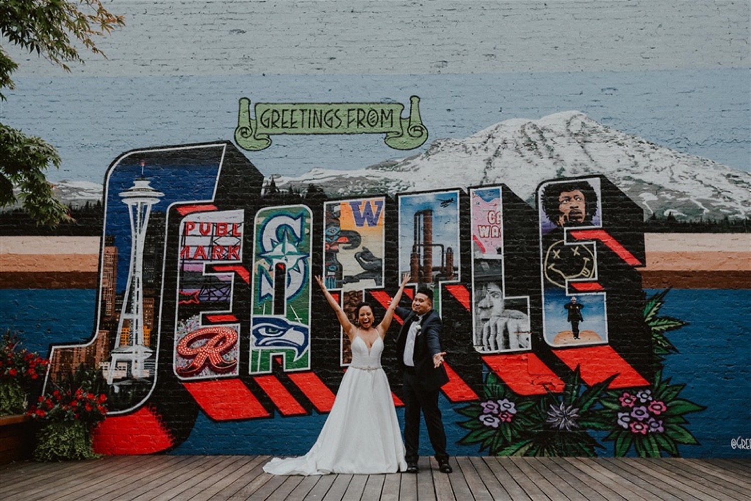 Bride and Groom at Block 41 in front of Wall Art