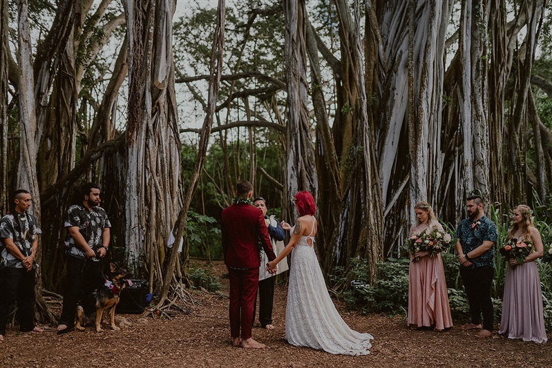 A bride and groom take part in a civil ceremony in a wooded area.The groom is in a full. Burgundy suit and jacket and is standing barefoot while the bride has bright rpinkish red hair and has a lacy floor length white dress. The bride and groom hold hands and from between them you can see the officiant, also bare foot and in a full dark coloured suit. Two men and a German shepherd dog watch the couple from the left side and two women in a pink and lilac colored floor-length dress along with a man stand off to the right | | Seattle Wedding Photographer, Seattle Elopement Photographer, Seattle Elopement Inspiration, Civil Ceremony Wedding | chelseaabril.com