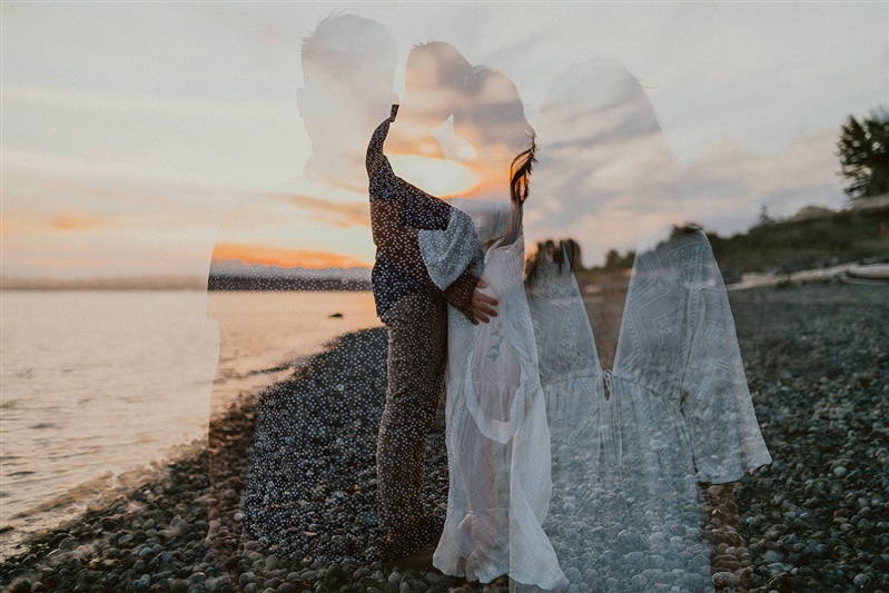 A double exposure image of a man and woman at the seaside of Discover Park by Seattle photographer Chelsea Abril.