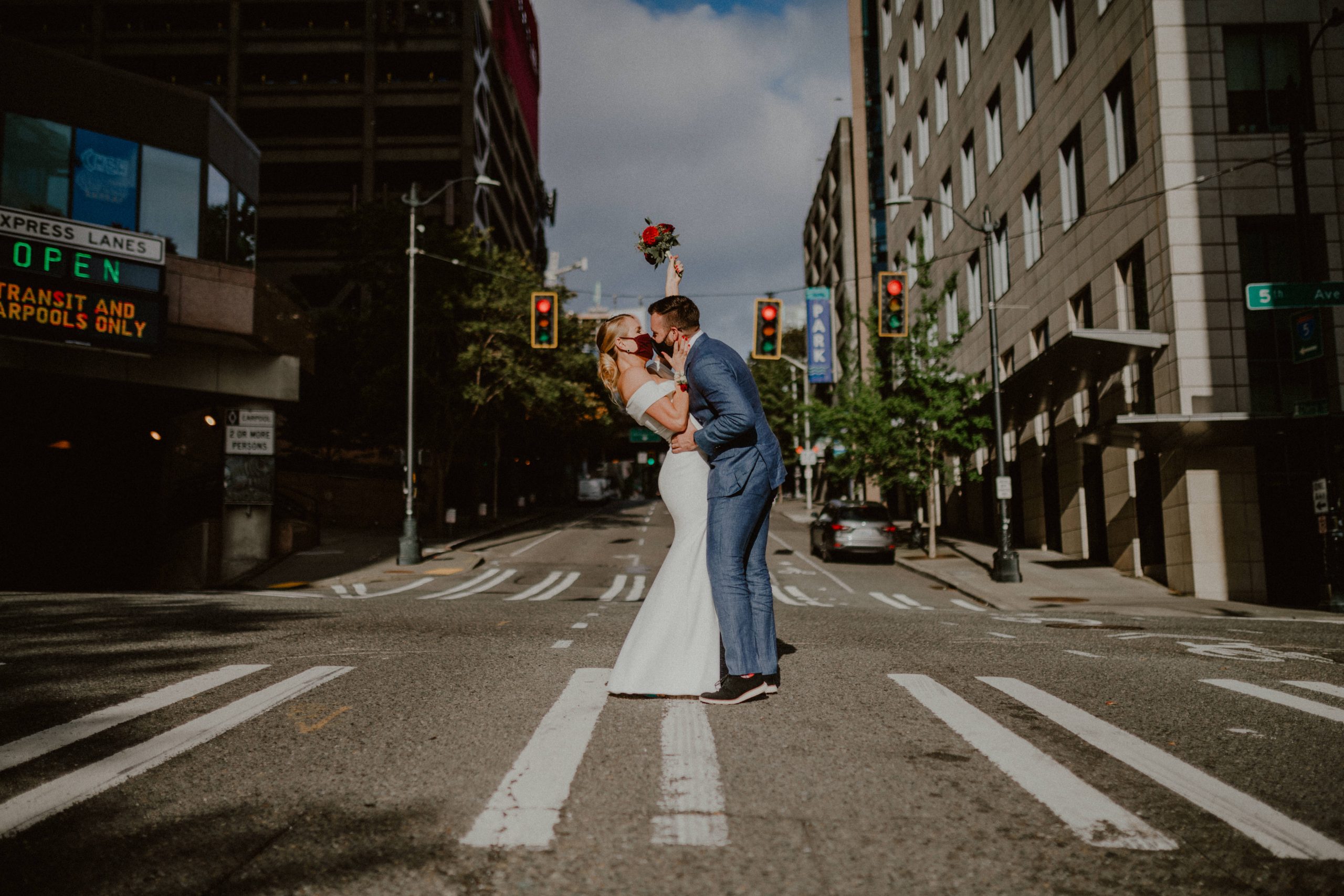 Seattle Courthouse Wedding Photography, Couple Kissing with Masks