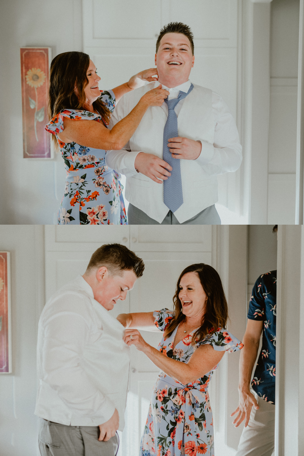 Groom gets ready with mom before the backyard wedding ceremony, Mom helps groom tie his tie | Seattle Wedding Photographer, Seattle Elopement Photographer | chelseaabril.com