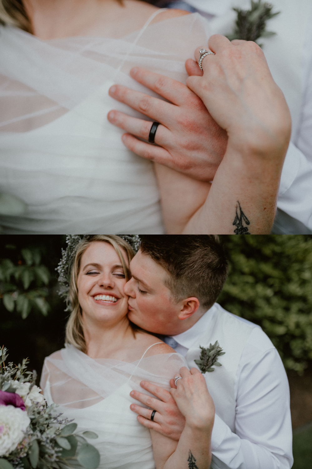 Bride and Groom pose and kiss with their rings after they say wedding vows in intimate backyard elopement | Seattle Wedding Photographer, Seattle Elopement Photographer | chelseaabril.com