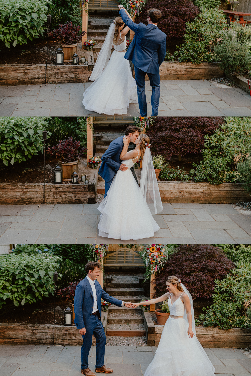 First dance photography after intimate backyard wedding elopement with flower arch outdoor and bride and groom dance | Washington State Elopement Photographer, Seattle Elopement Photographer, Newlywed Elopement Photographer, Quarantine Wedding Elopement Inspiration | chelseaabril.com