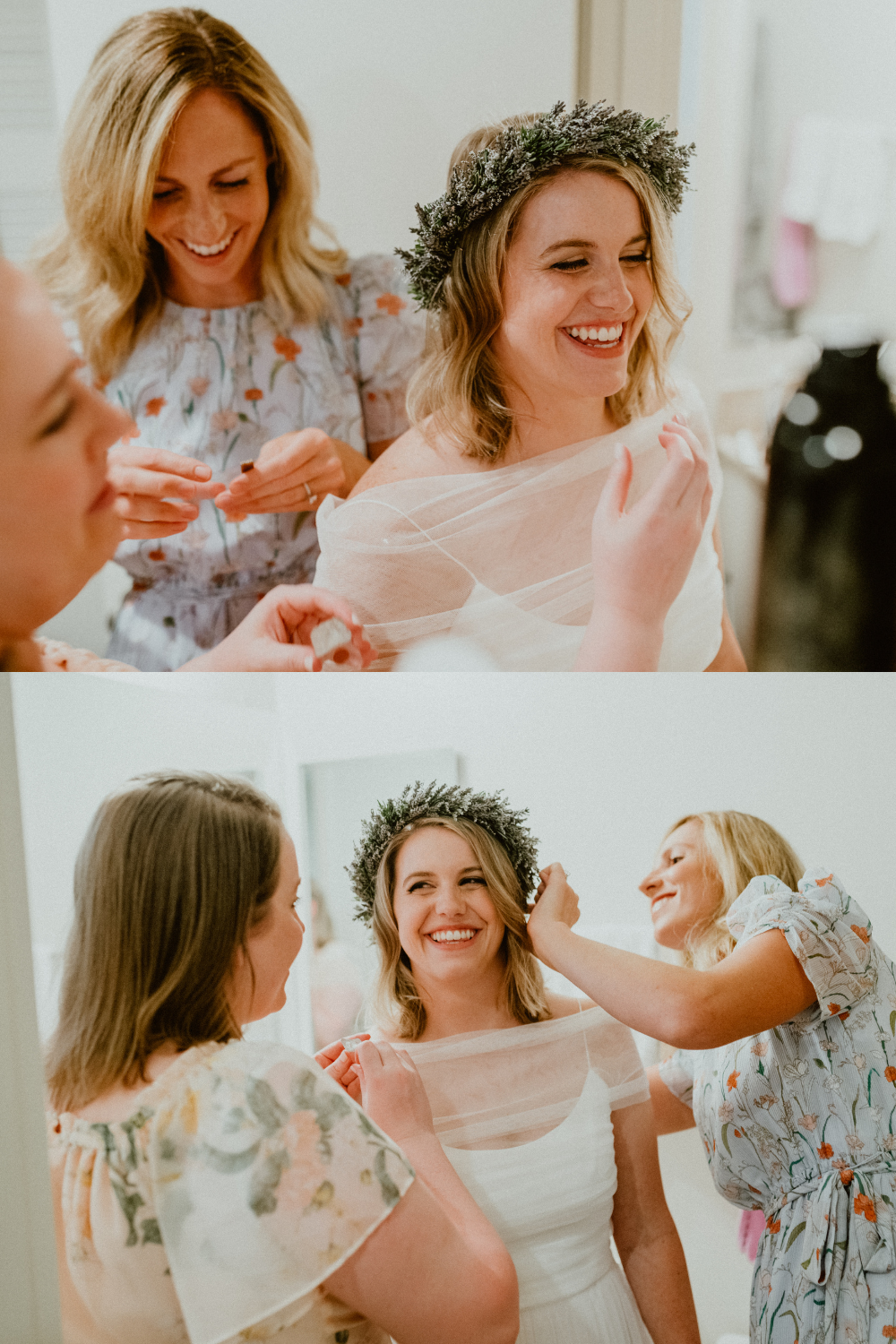 Bride and family gets ready before backyard wedding elopement, Bride wears a lavender flower crown and off the shoulder wedding dress | Seattle Wedding Photographer, Seattle Elopement Photographer | chelseaabril.com