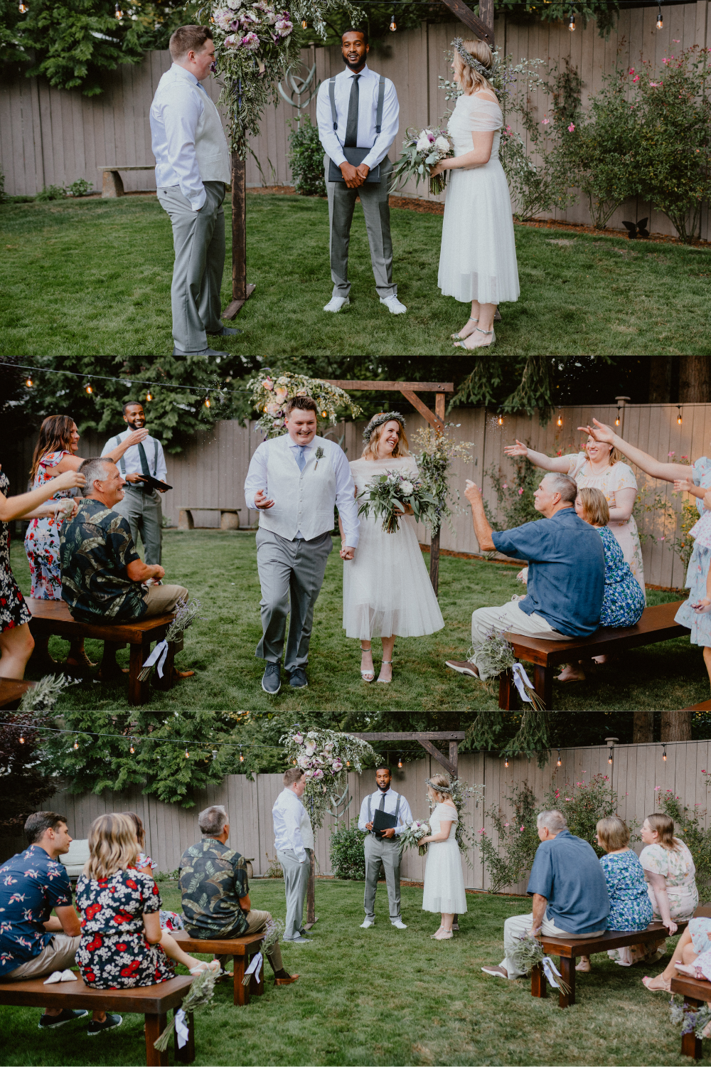 Bride and Groom exchange vows in intimate backyard elopement, Bride and Groom walk down the aisle while family celebrate | Seattle Wedding Photographer, Seattle Elopement Photographer | chelseaabril.com