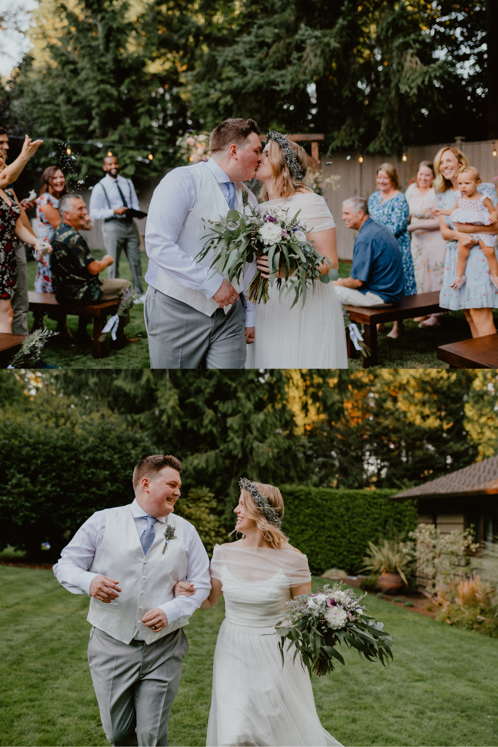 Bride and Groom kiss after exchanging their vows in intimate backyard elopement ceremony, backyard wedding ideas | Seattle Wedding Photographer, Seattle Elopement Photographer | chelseaabril.com