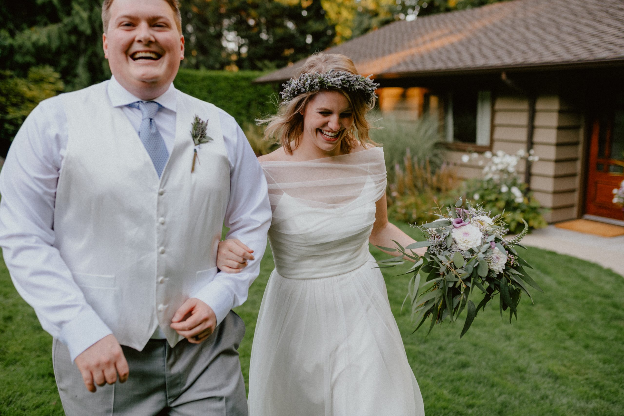 Bride and groom laugh and have fun after their intimate backyard elopement | Seattle Wedding Photographer, Seattle Elopement Photographer | chelseaabril.com