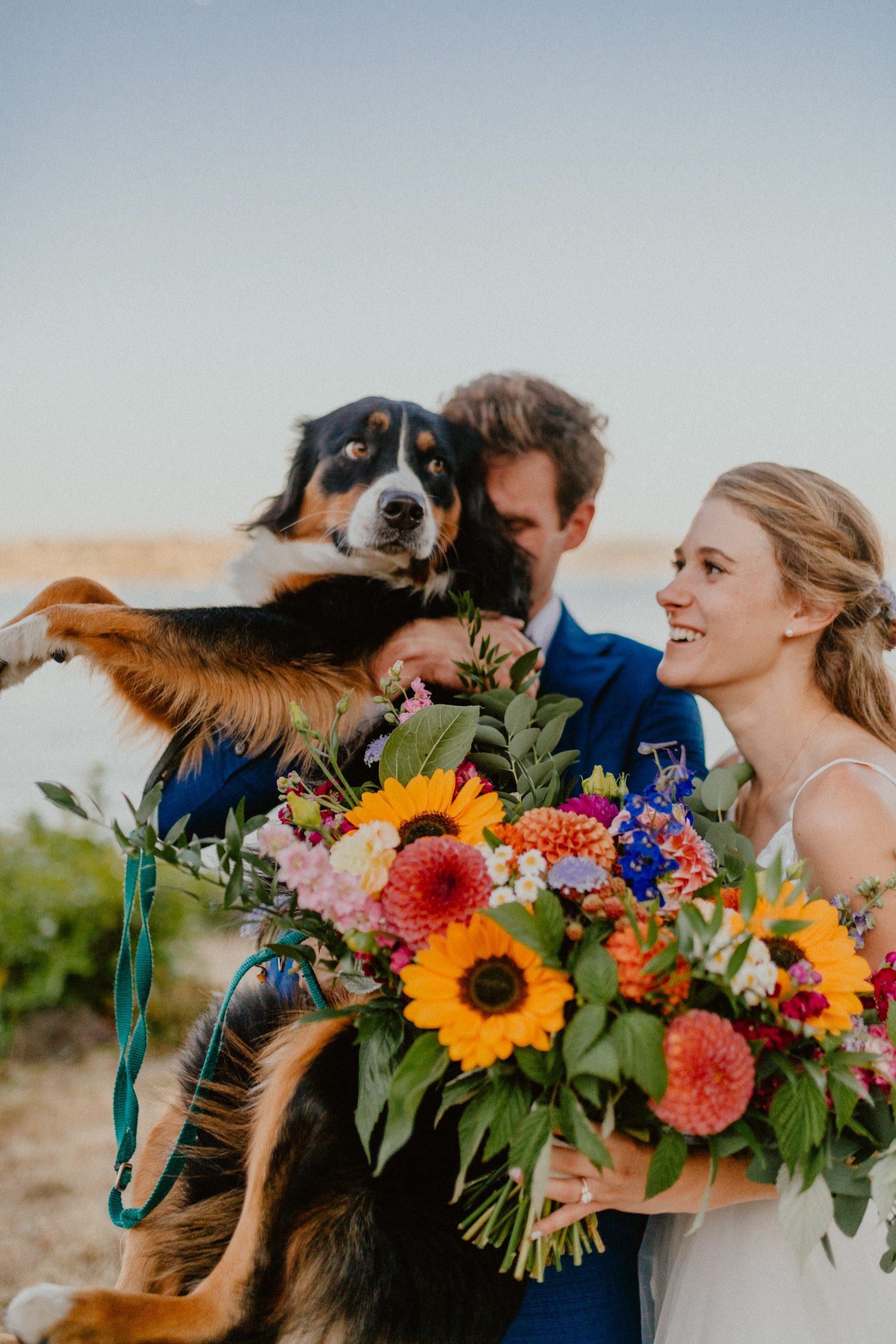 Bride and Groom celebrate with their dog after saying vows in backyard elopement wedding in Washington State outdoor wedding | Washington State Elopement Photographer, Seattle Elopement Photographer, Newlywed Elopement Photographer, Quarantine Wedding Elopement Inspiration | chelseaabril.com