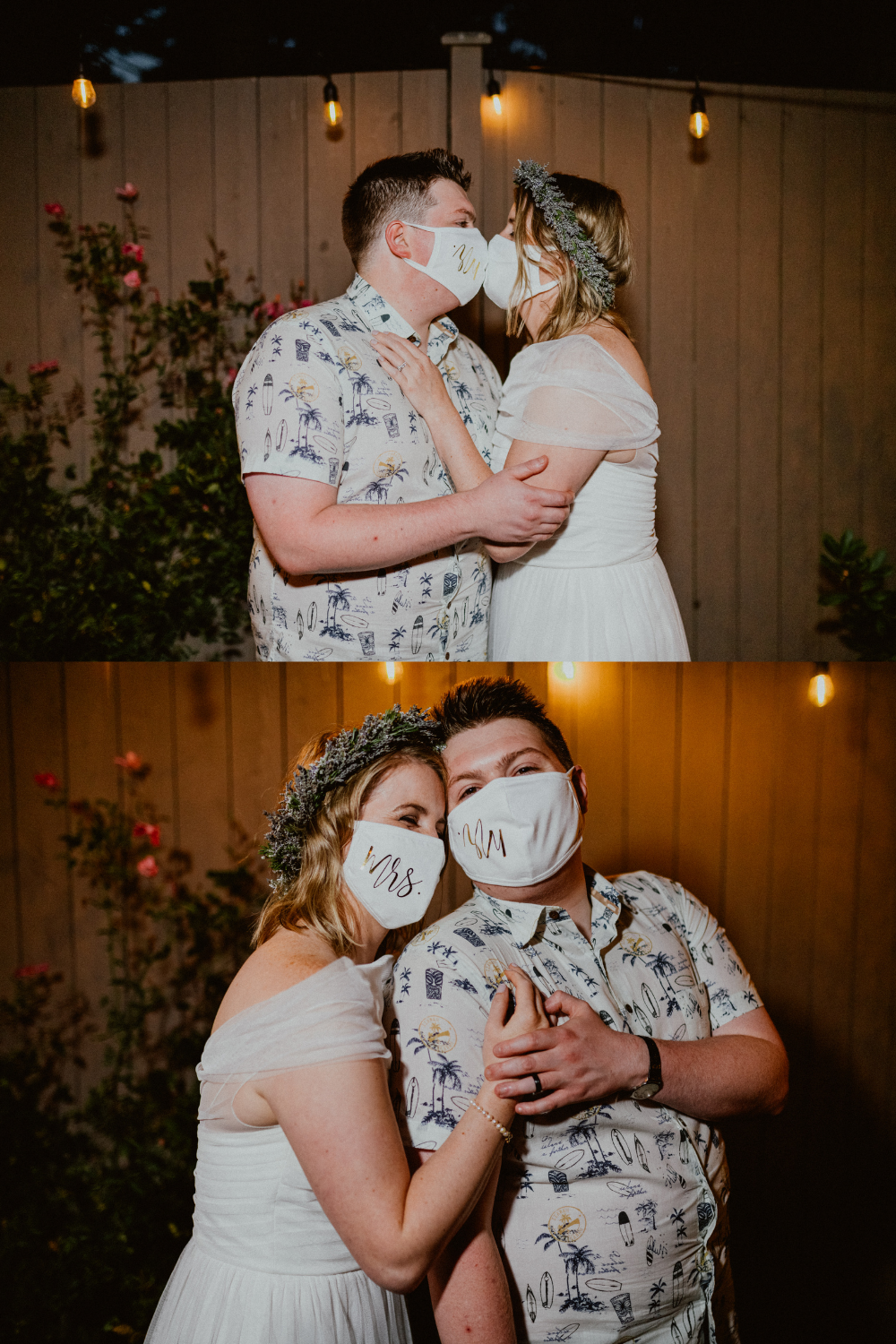 Bride and groom wear customized face masks after backyard wedding elopement, Pandemic Wedding Inspiration | Seattle Wedding Photographer, Seattle Elopement Photographer | chelseaabril.com