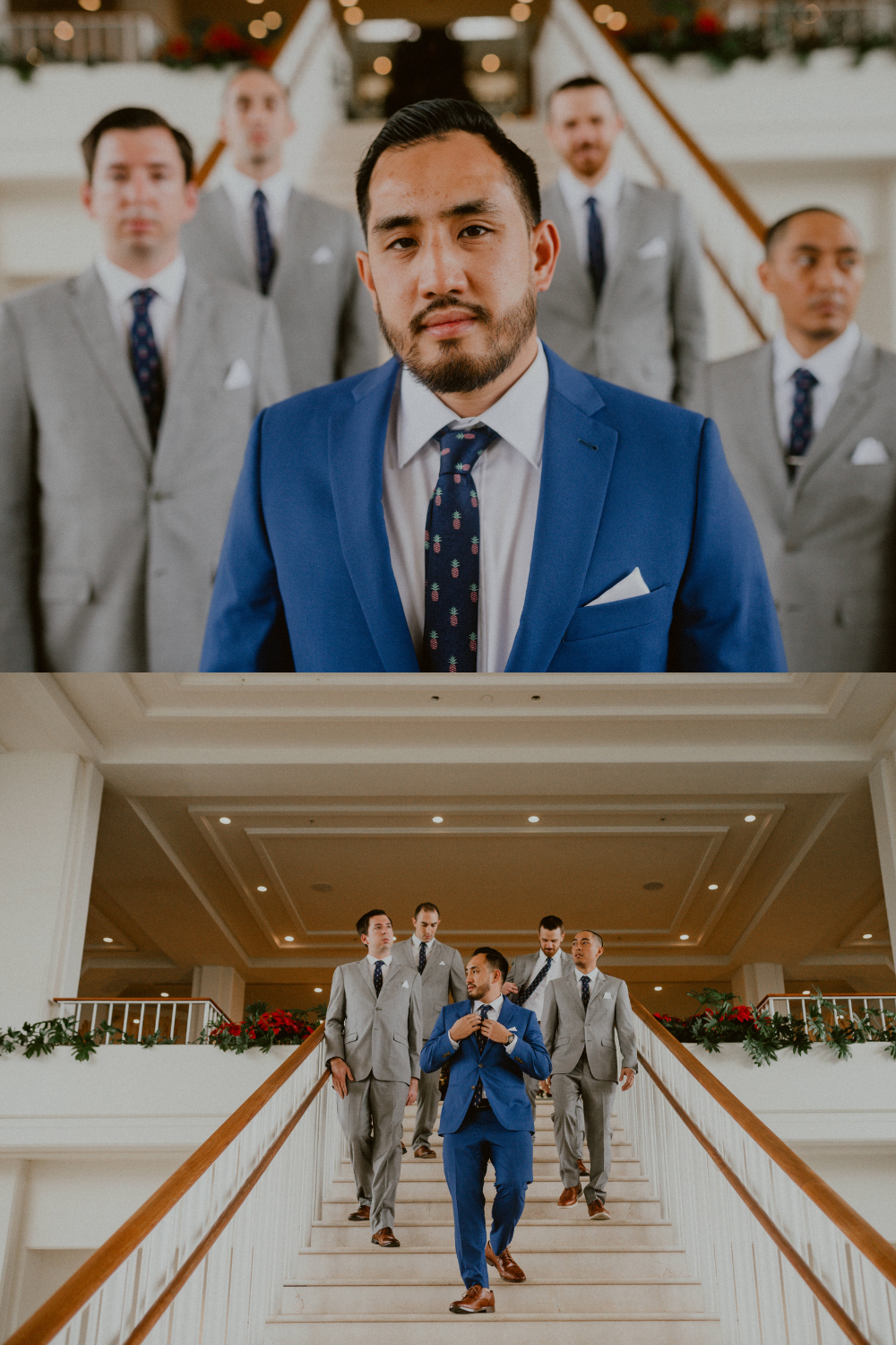 Groom in blue suit is surrounded by the wedding party standing and walking in the hotel lobby dressed in grey suits | Groom style tips, Groom wedding day inspiration, Groom Tips Wedding, Groom tips for men, Groom tips | chelseaabril.com