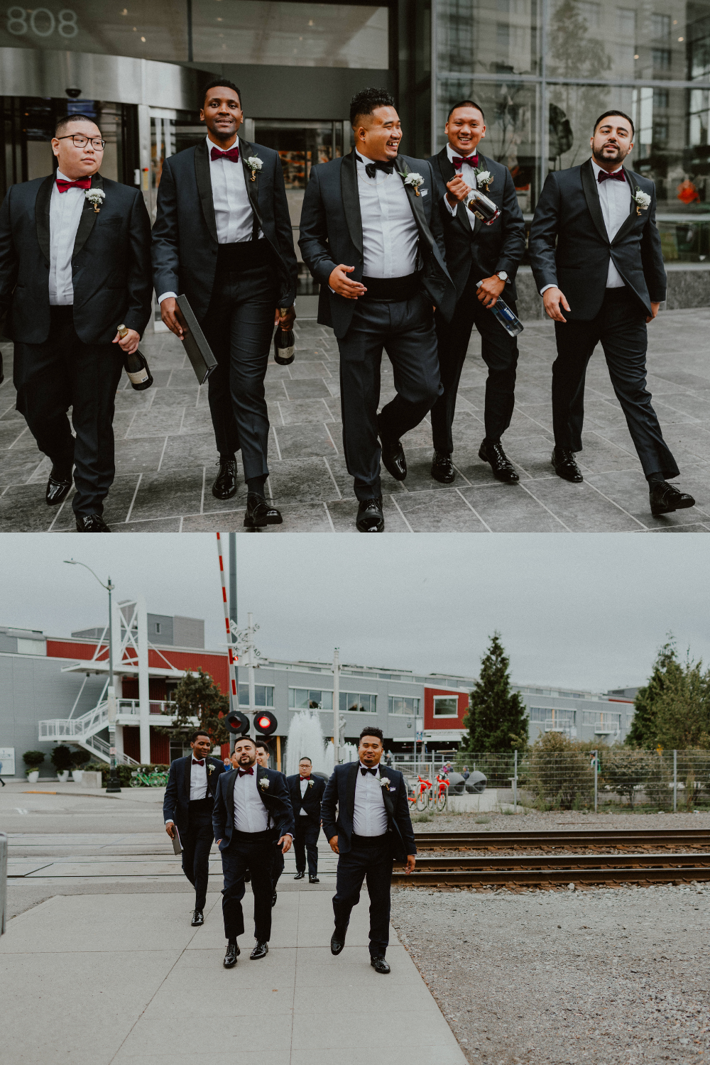 Groom in black bow tie and tuxedo walks out of a Seattle hotel and into the city with champagne and surrounded by his wedding party dressed in tuxedos and dark red bowties | Groom style tips, Groom wedding day inspiration, Groom Tips Wedding, Groom tips for men, Groom tips | chelseaabril.com
