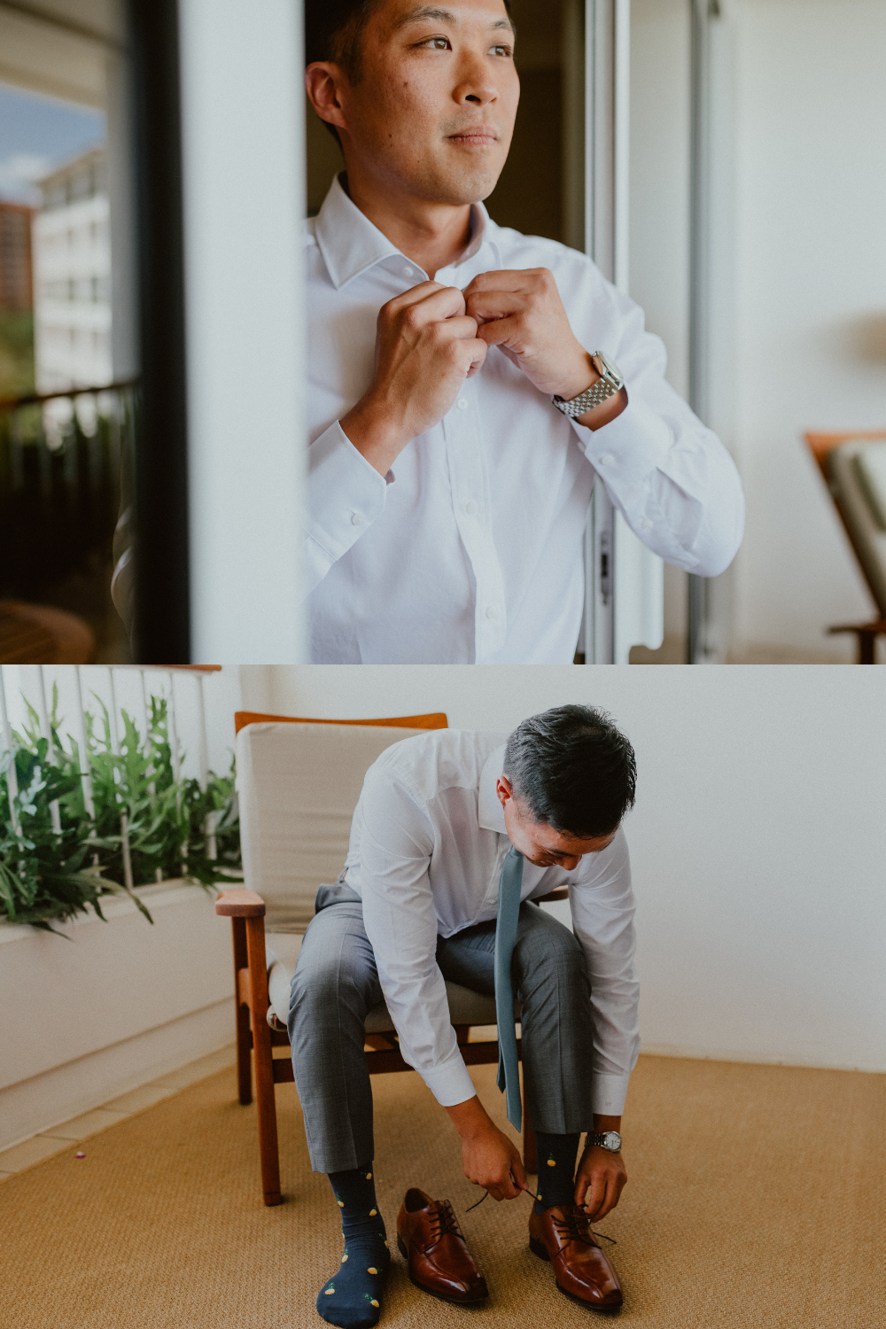 Groom looks out of hotel room while buttoning up his dress shirt with his watch on his wrist. Groom ties up his shoes in the hotel room while sitting in a hotel room chair | Groom style tips, Groom wedding day inspiration, Groom Tips Wedding, Groom tips for men, Groom tips | chelseaabril.com