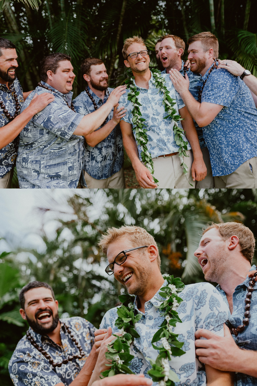 Groom wearing tropical Hawaiian shirt wearing a lei is surrounded by his wedding party all patting him on the back and laughing | Groom style tips, Groom wedding day inspiration, Groom Tips Wedding, 