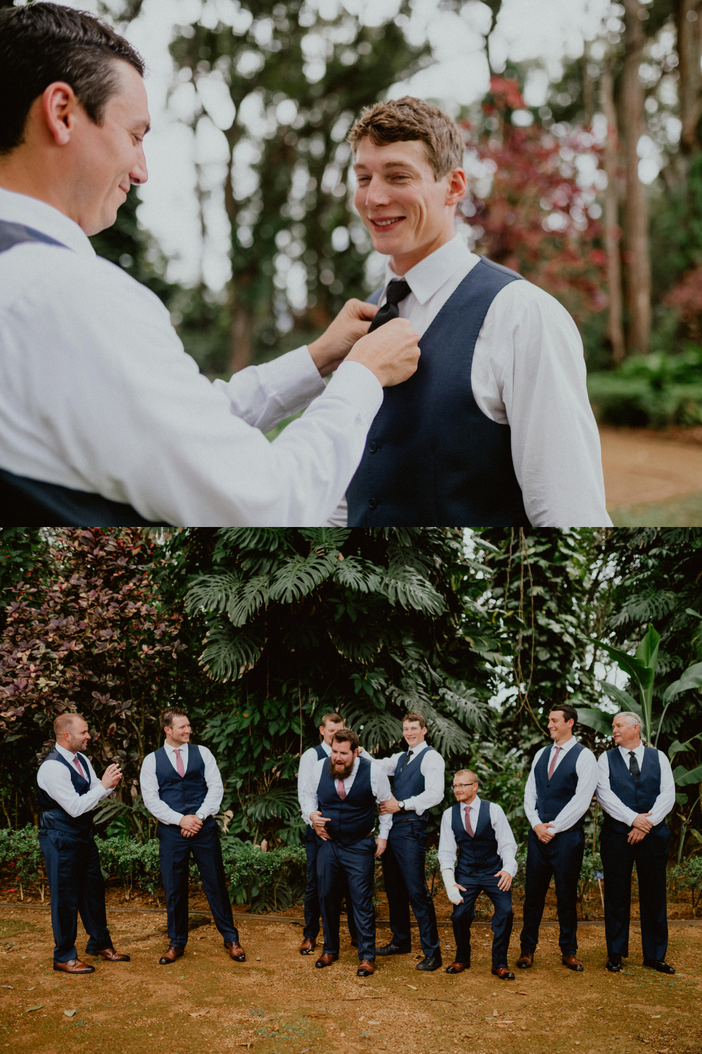 Groom's tie is tied by groomsmen, and wedding party stands on birth path in front of Hawaiian forests with palm fronds in the background | Groom style tips, Groom wedding day inspiration, Groom Tips Wedding, Groom tips for men, Groom tips | chelseaabril.com