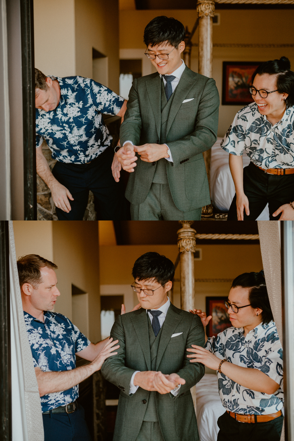 Groom in grey suit is getting ready with his wedding party and groomsmen as they laugh and dust off lint from his suit. Wedding party is dressed in floral, Hawaiian shirts and dark blue pants | Groom style tips, Groom wedding day inspiration, Groom Tips Wedding, Groom tips for men, Groom tips | chelseaabril.com