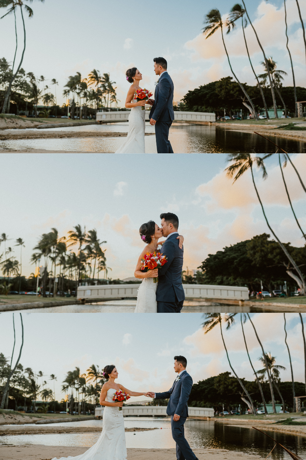 Collage of bride and groom standing on the beach in front of a bridge at sunset with palm trees around while the couple kisses at sunset as the bride holds here brightly colored Hawaii wedding bouquet | Oahu Wedding Photographer, Oahu Elopement Photographer, Destination Wedding Photographer, Destination Elopement Photographer, Newlywed moments ideas, Newlywed Photography inspiration, Hawaii Elopement ideas | chelseaabril.com