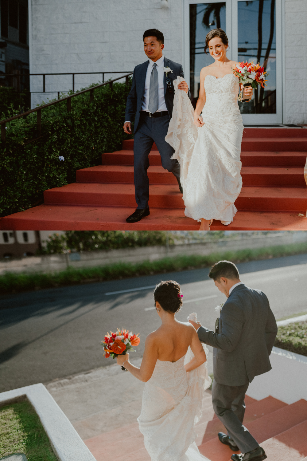 Bride and groom leave their traditional church ceremony in Oahu, Hawaii. They walk down stairs in front of the white brick church as the groom holds the bride's train and the bride holds her traditional Hawaii floral bouquet | Oahu Wedding Photographer, Oahu Elopement Photographer, Destination Wedding Photographer, Destination Elopement Photographer, Newlywed moments ideas, Newlywed Photography inspiration, Hawaii Elopement ideas | chelseaabril.com
