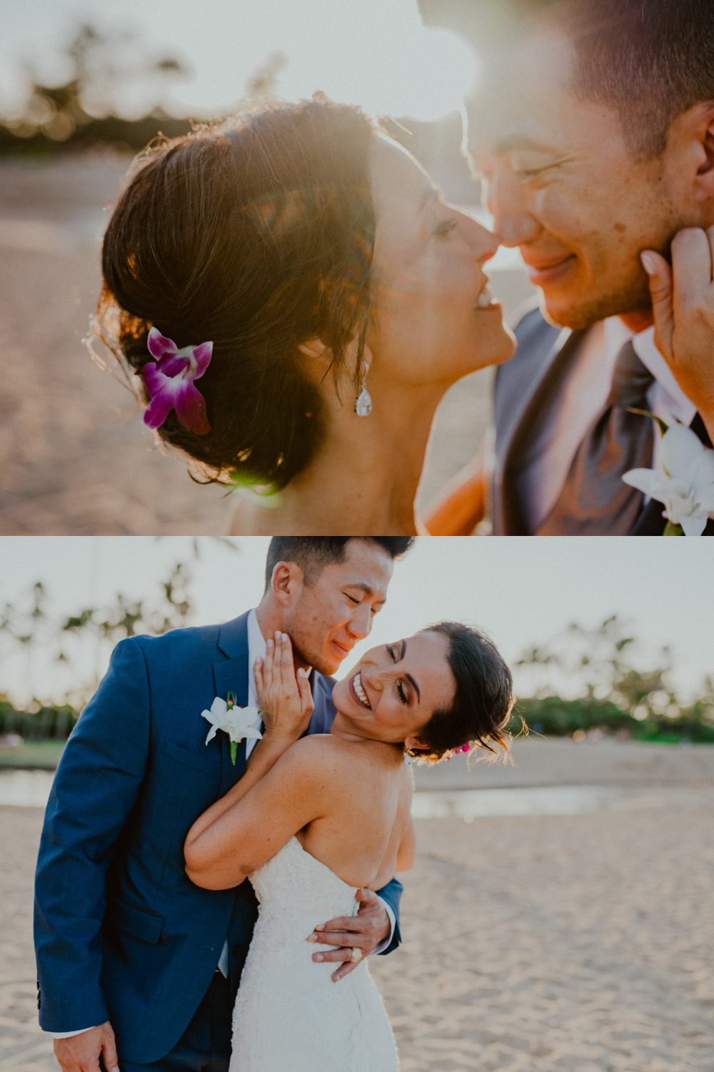 Bride and groom laugh at sunset as they hold each other close while laughing and playing on the beach after their Hawaii Wedding Ceremony | Oahu Wedding Photographer, Oahu Elopement Photographer, Destination Wedding Photographer, Destination Elopement Photographer, Newlywed moments ideas, Newlywed Photography inspiration, Hawaii Elopement ideas | chelseaabril.com
