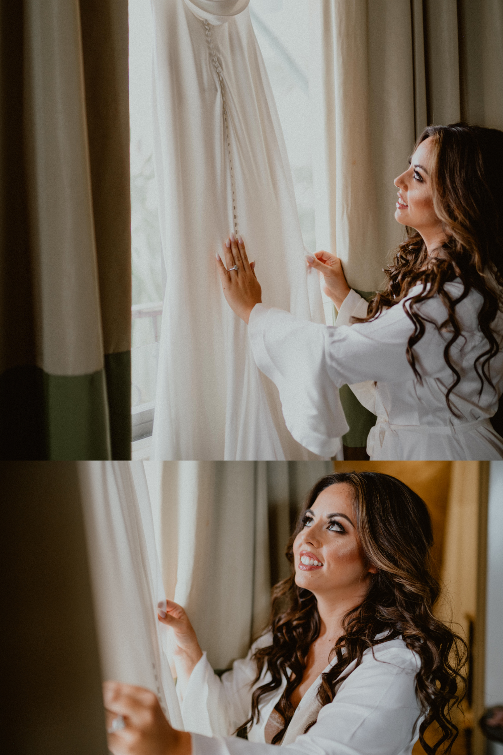 Bride gets ready before her wedding day while looking up at her wedding dress with a low back and buttons down the back 