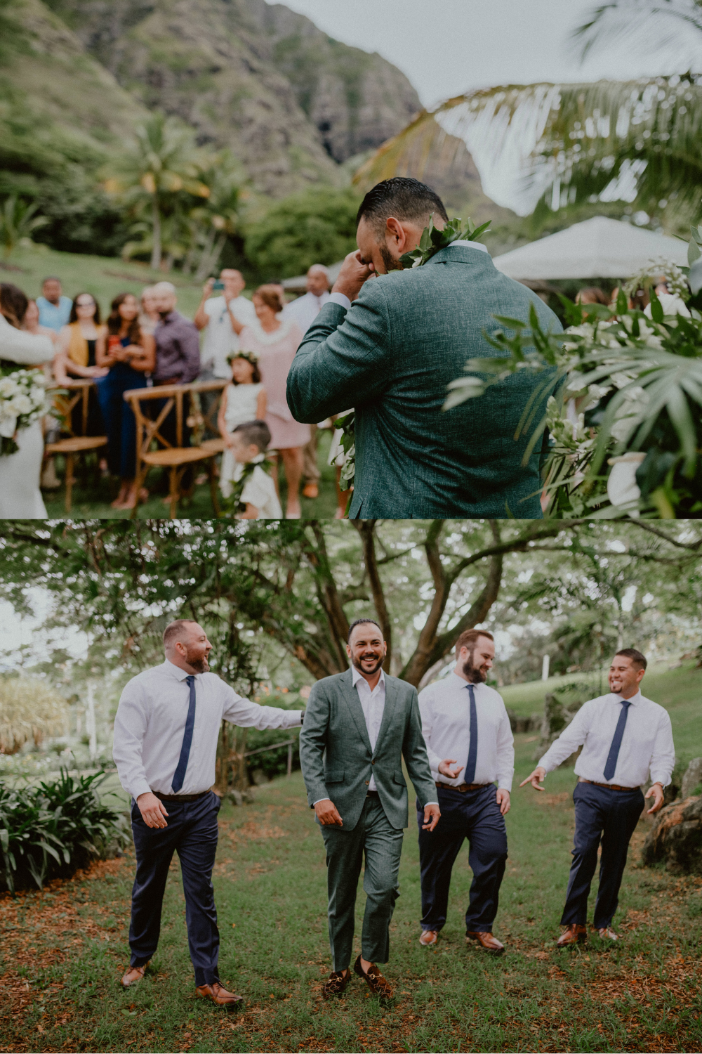 Groom and groomsmen walk down the aisle before the ceremony and groom gets emotional while watching the bride walk down the aisle | Oahu Wedding Photographer, Oahu Elopement Photographer, Destination Wedding Photographer, Destination Elopement Photographer, Newlywed moments ideas, Newlywed Photography inspiration, Hawaii Elopement ideas | chelseaabril.com