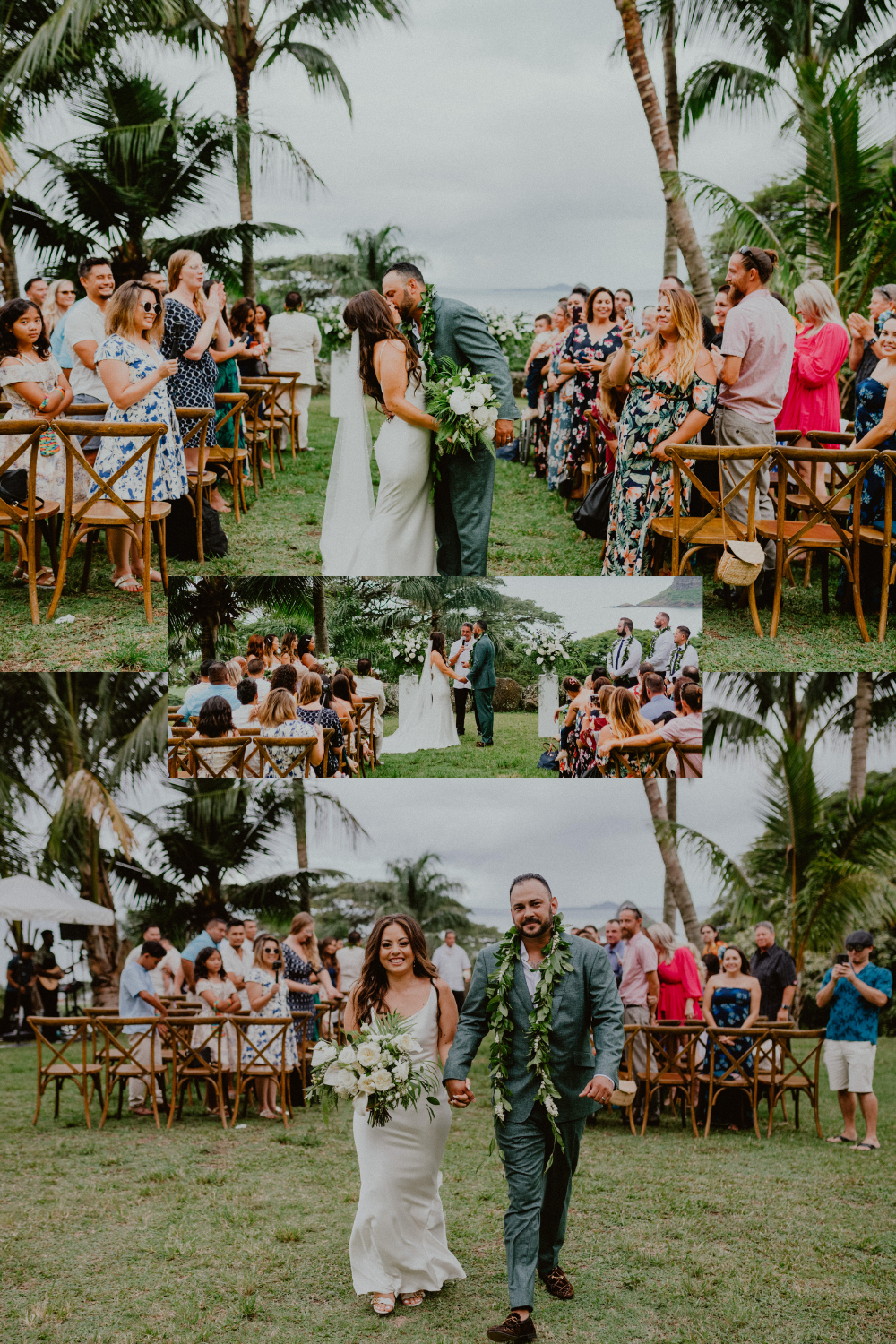 Bride and groom walk back down the aisle after their Kualoa Ranch Wedding in Oahu while guests look at them and cheer them on | Oahu Wedding Photographer, Oahu Elopement Photographer, Destination Wedding Photographer, Destination Elopement Photographer, Newlywed moments ideas, Newlywed Photography inspiration, Hawaii Elopement ideas | chelseaabril.com