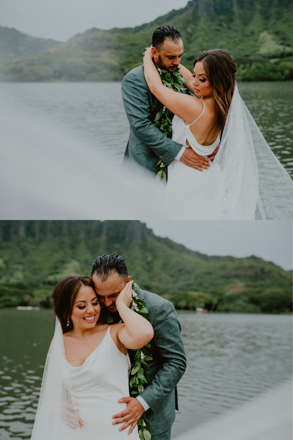 Bride and groom pose together after their wedding day on Kualoa Ranch while standing in front of the water on the beach in Oahu | Oahu Wedding Photographer, Oahu Elopement Photographer, Destination Wedding Photographer, Destination Elopement Photographer, Newlywed moments ideas, Newlywed Photography inspiration, Hawaii Elopement ideas | chelseaabril.com