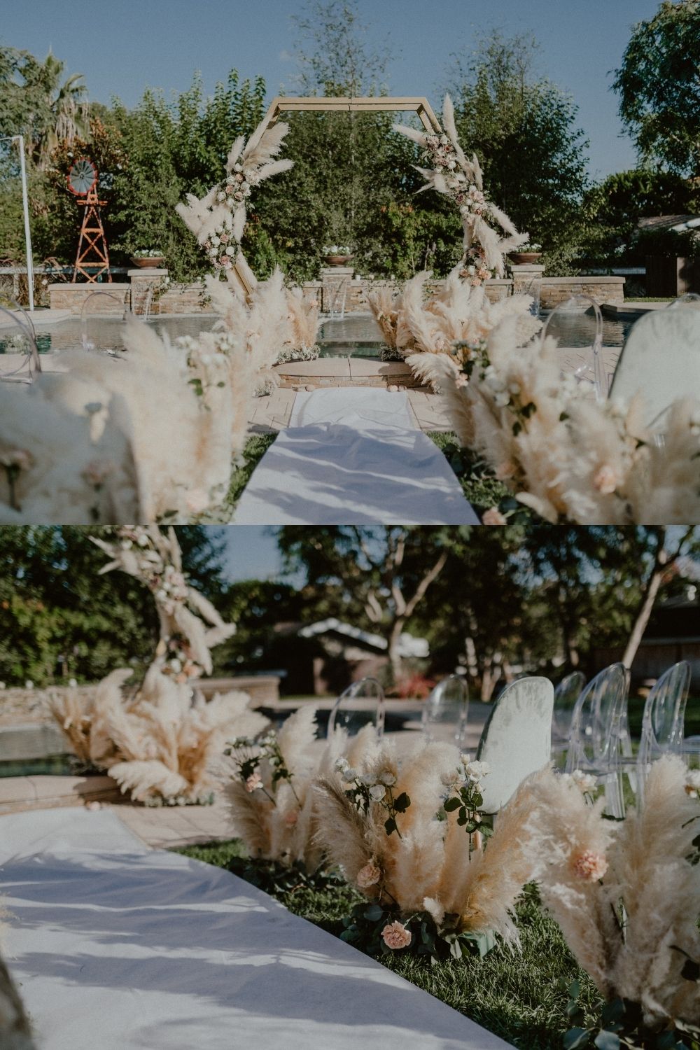 Romantic bohemian moody wedding decor for ceremony with translucent reception chairs and pampas grass lining the rows, wedding ceremony inspiration, bohemian wedding reception ideas | San Diego Wedding Photographer, San Diego California Elopement Photographer, Destination Wedding Photographer, Destination Elopement Photographer, Newlywed moments ideas, Newlywed Photography inspiration, California Elopement ideas, San Diego Wedding Inspiration, Romantic Boho Wedding Ideas, Romantic Elopement Inspiration, Bohemian Wedding Ideas | chelseaabril.com