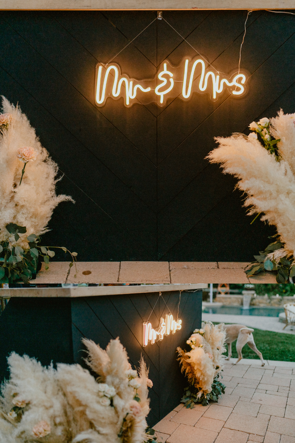 Wedding reception bar ideas with LED lights of Mr and Mrs, Wedding Reception ideas with pampas grass and floral accents | San Diego Wedding Photographer, San Diego California Elopement Photographer, Destination Wedding Photographer, Destination Elopement Photographer, Newlywed moments ideas, Newlywed Photography inspiration, California Elopement ideas, San Diego Wedding Inspiration, Romantic Boho Wedding Ideas, Romantic Elopement Inspiration, Bohemian Wedding Ideas | chelseaabril.com
