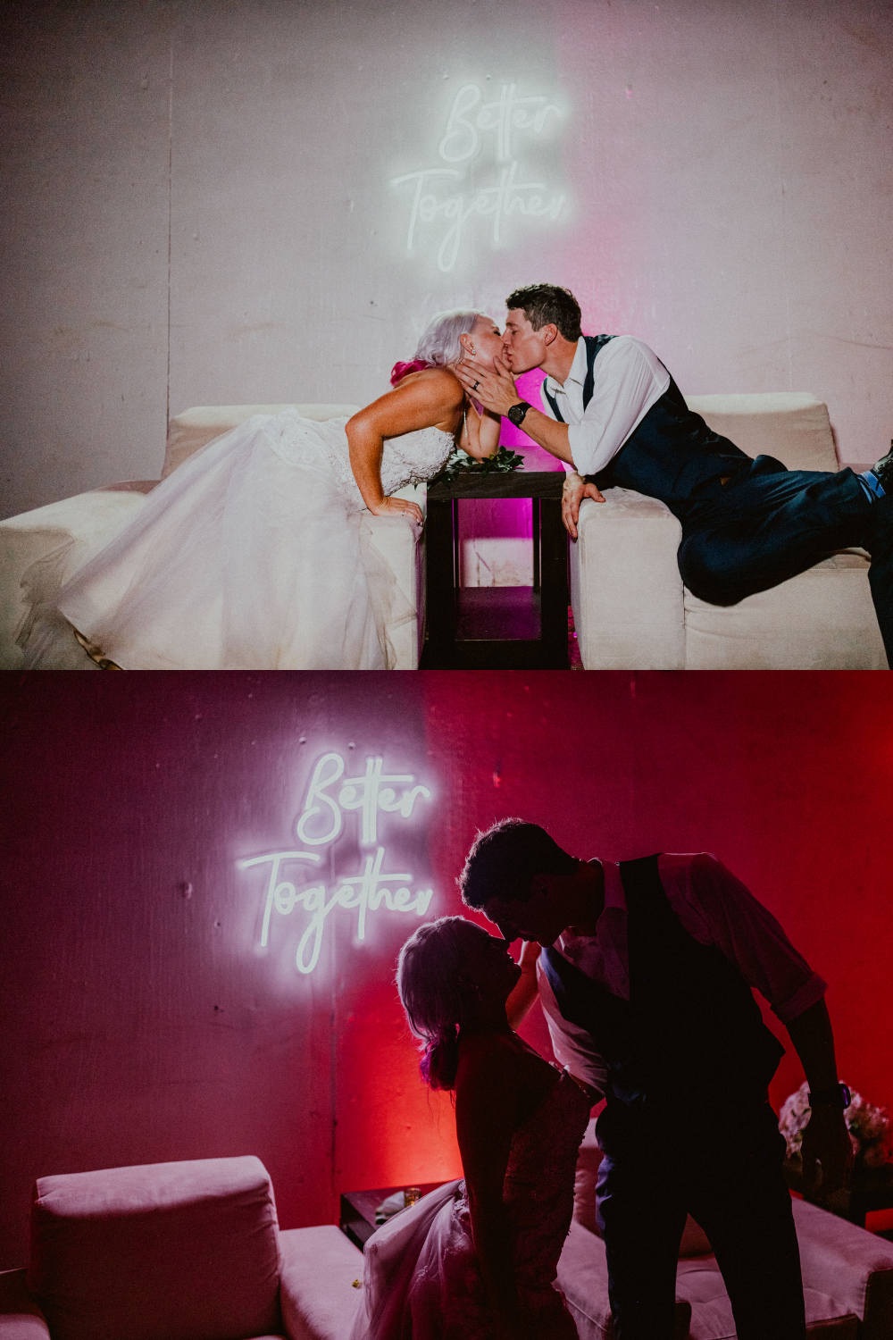 Moody wedding decor inspiration of LED sign saying better together while newlyweds kiss underneath the sign | Oahu Wedding Photographer, Oahu Elopement Photographer, Destination Wedding Photographer, Destination Elopement Photographer, Newlywed moments ideas, Newlywed Photography inspiration, Hawaii Elopement ideas | chelseaabril.com