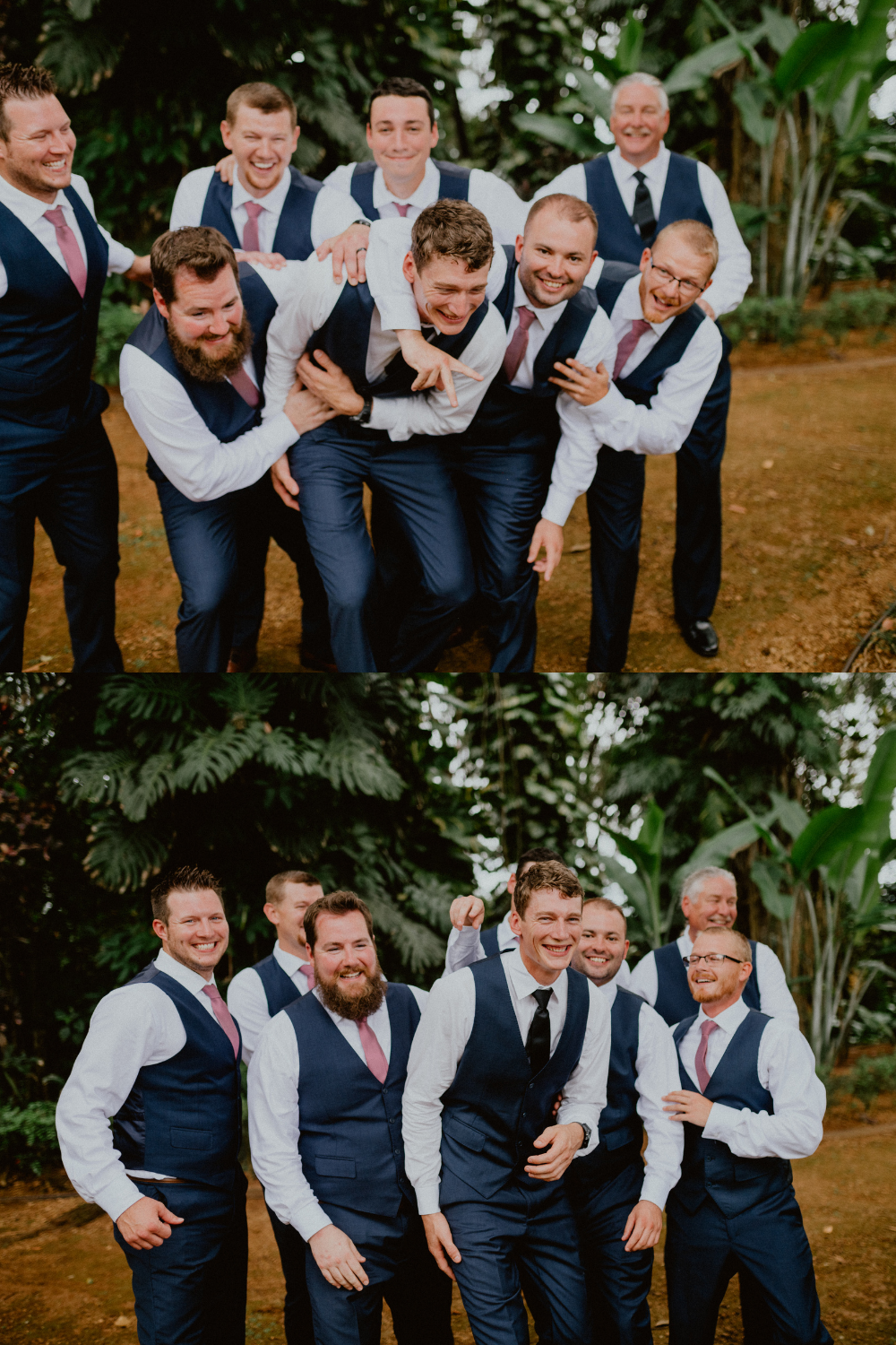 Groom and groomsmen dressed in dark blue suits and pink ties laugh in front of jungle | Oahu Wedding Photographer, Oahu Elopement Photographer, Destination Wedding Photographer, Destination Elopement Photographer, Newlywed moments ideas, Newlywed Photography inspiration, Hawaii Elopement ideas | chelseaabril.com
