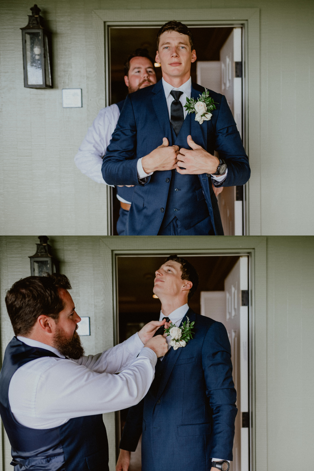 Groom fixes dark blue suit and black tie on wedding day wearing white rose boutonniere | Oahu Wedding Photographer, Oahu Elopement Photographer, Destination Wedding Photographer, Destination Elopement Photographer, Newlywed moments ideas, Newlywed Photography inspiration, Hawaii Elopement ideas | chelseaabril.com