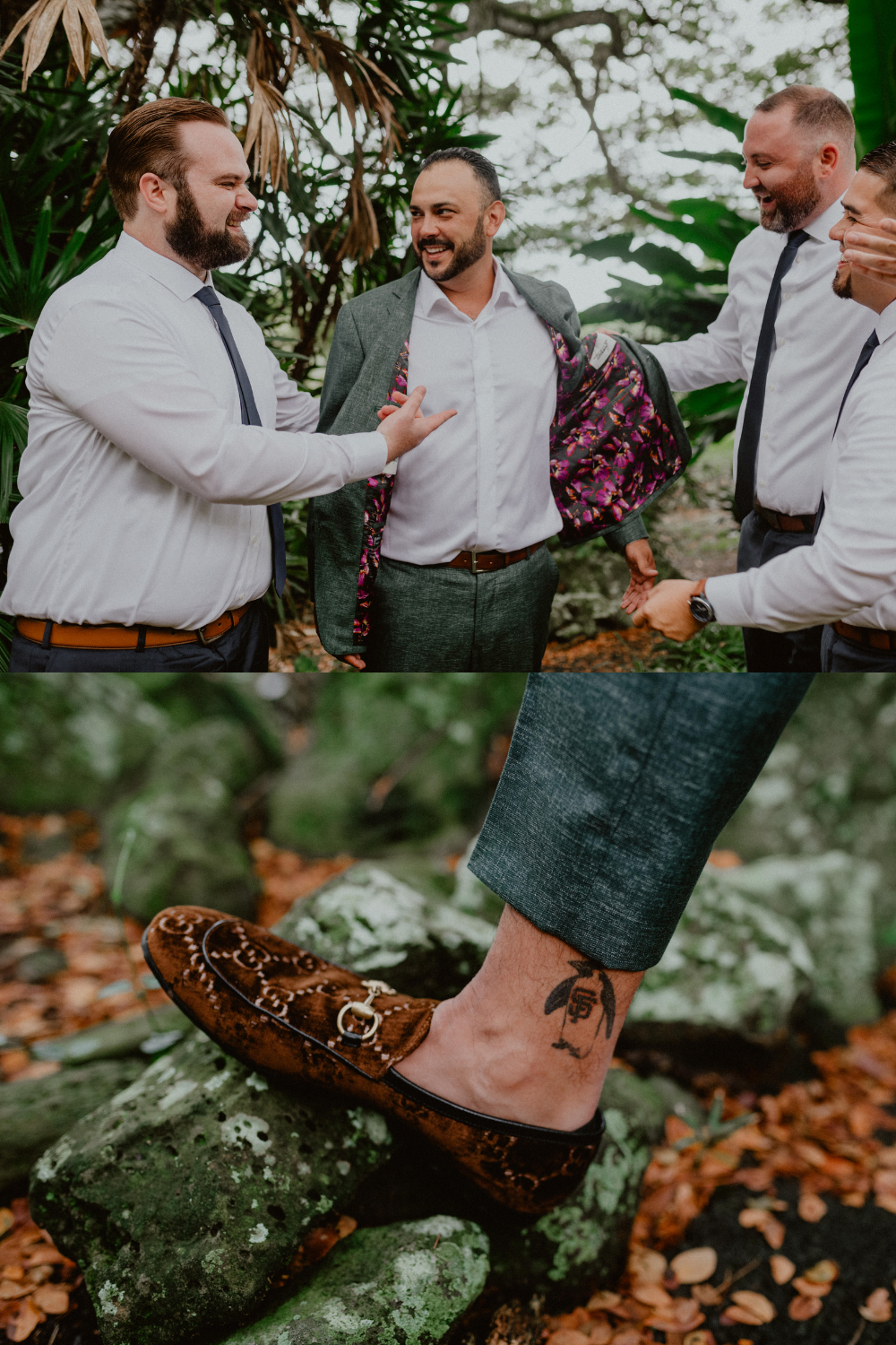 Groom is surrounded by his wedding party while they show the suit lining of the groom's grey suit. Groom is wearing Gucci loafers with a tattoo on his ankle with his grey suit pants 