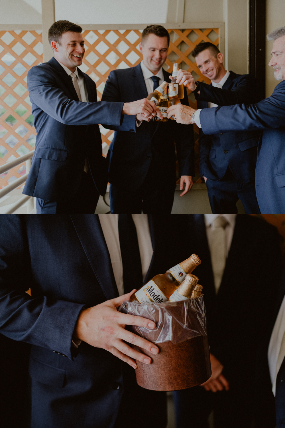 Groom and wedding party toast with Modelo beer and a bucket of beer in dark blue suits before the wedding ceremony | Groom style tips, Groom wedding day inspiration, Groom Tips Wedding, Groom tips for men, Groom tips | chelseaabril.com