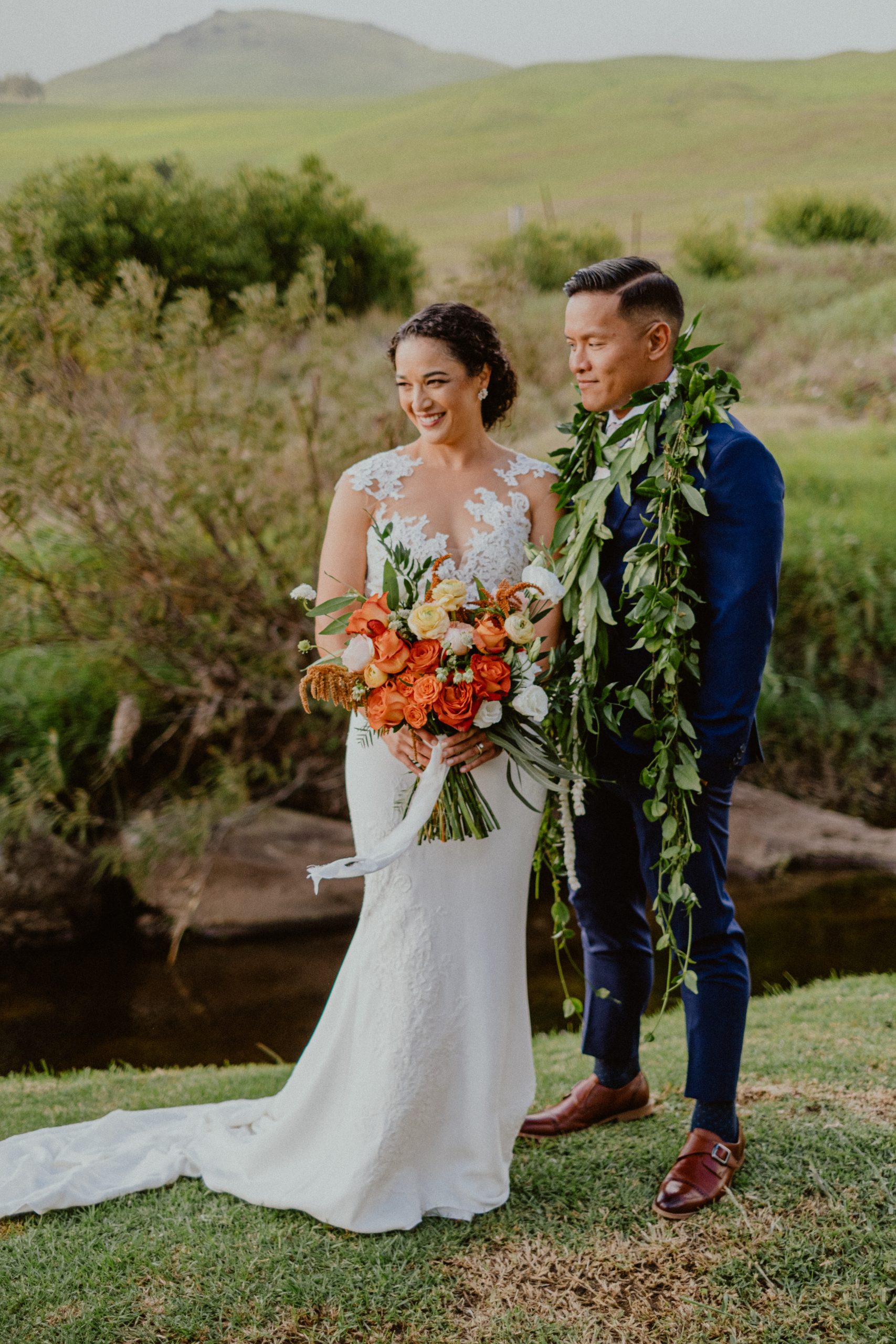 Fall bride and groom wedding photography for Hawaii wedding day inspiration of bride and groom with wedding bouquet and traditional Hawaii wedding photography | Big Island Elopement, Hawaii Elopement Photographer, Hawaii Elopement and Wedding Inspiration, Hawaii Elopement ideas, Big Island Wedding Inspiration, Fall Hawaiian Wedding Ideas, Fall Wedding Inspiration, Hawaii Outdoor Wedding Ideas | chelseaabril.com