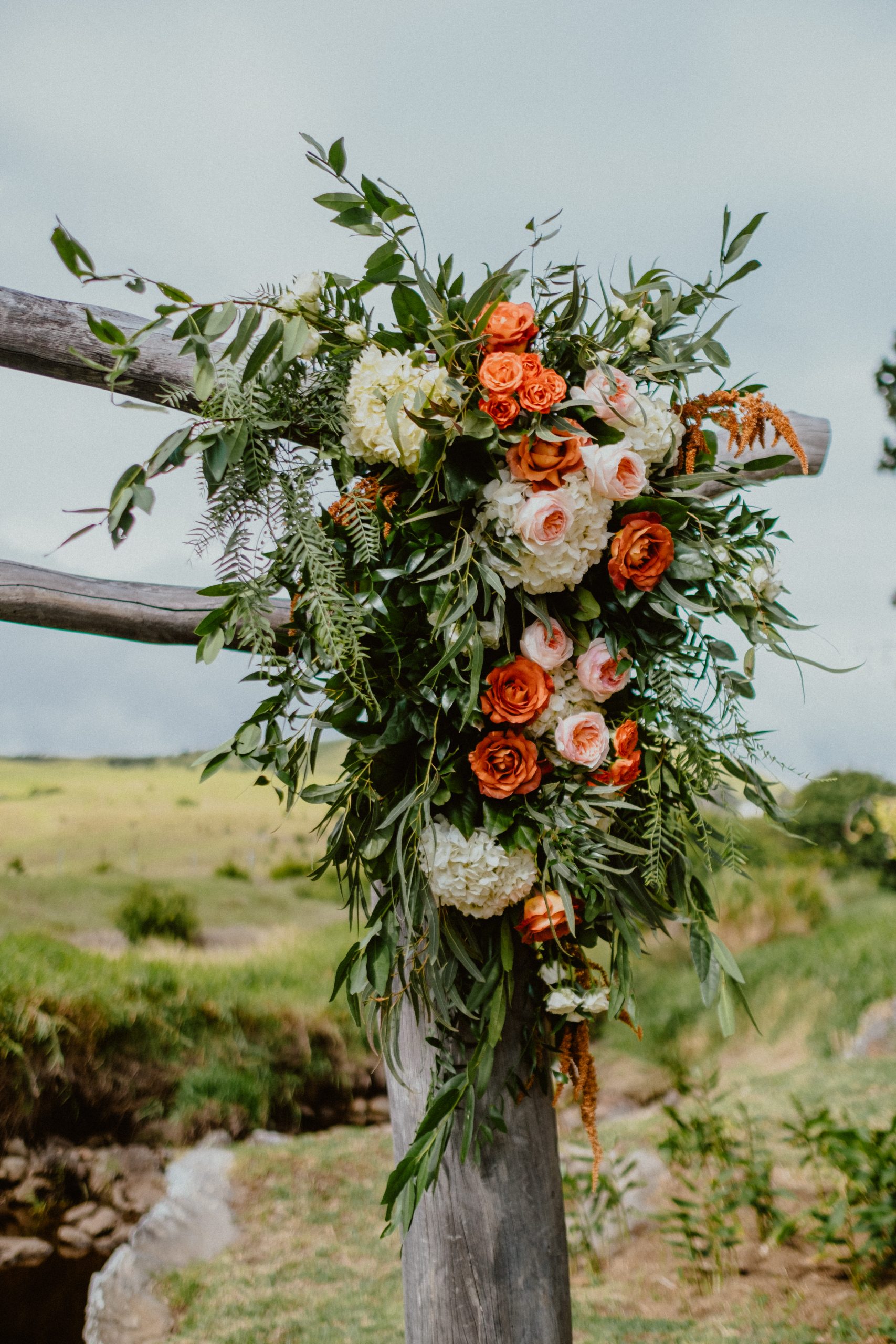 Fall floral wedding photography ideas, Fall altar for Hawaii cliffside destination wedding inspiration 