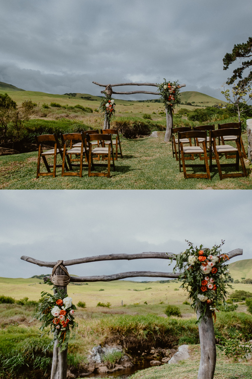 Fall mini wedding in Hawaii outdoor venue and fall floral inspiration with white and orange flowers