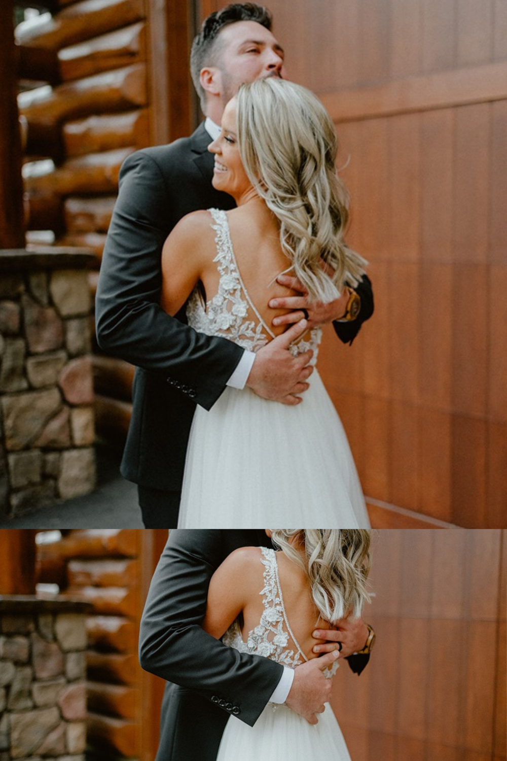 Bride and groom embrace wearing wedding day attire inspiration with lace accents and black suit for groom style pre-ceremony wedding ideas | Sun River Elopement, Destination Elopement Photographer, Smith Rock Elopement Inspiration, Oregon Elopement ideas, PNW Fall Wedding Inspiration, Fall Outdoor Wedding Ideas,Fall Wedding Inspiration, PNW Outdoor Wedding Ideas | chelseaabril.com