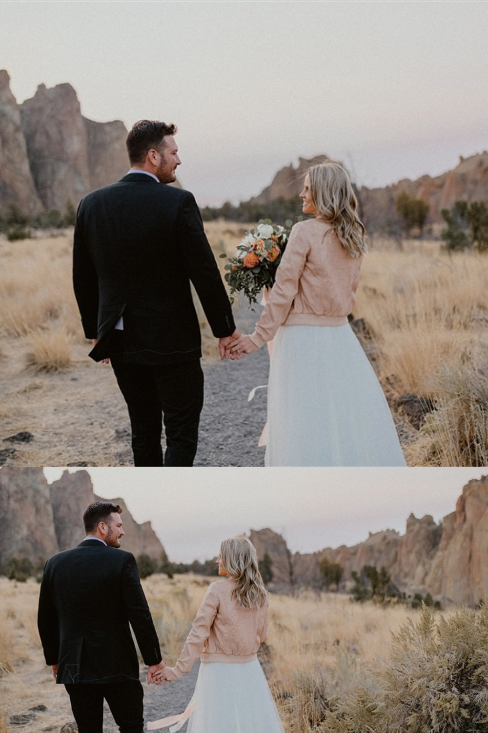 Post-ceremony Smith Rock elopement inspiration of Bride and Groom walking into the sunset holding hands | Sun River Elopement, Destination Elopement Photographer, Smith Rock Elopement Inspiration, Oregon Elopement ideas, PNW Fall Wedding Inspiration, Fall Outdoor Wedding Ideas,Fall Wedding Inspiration, PNW Outdoor Wedding Ideas | chelseaabril.com