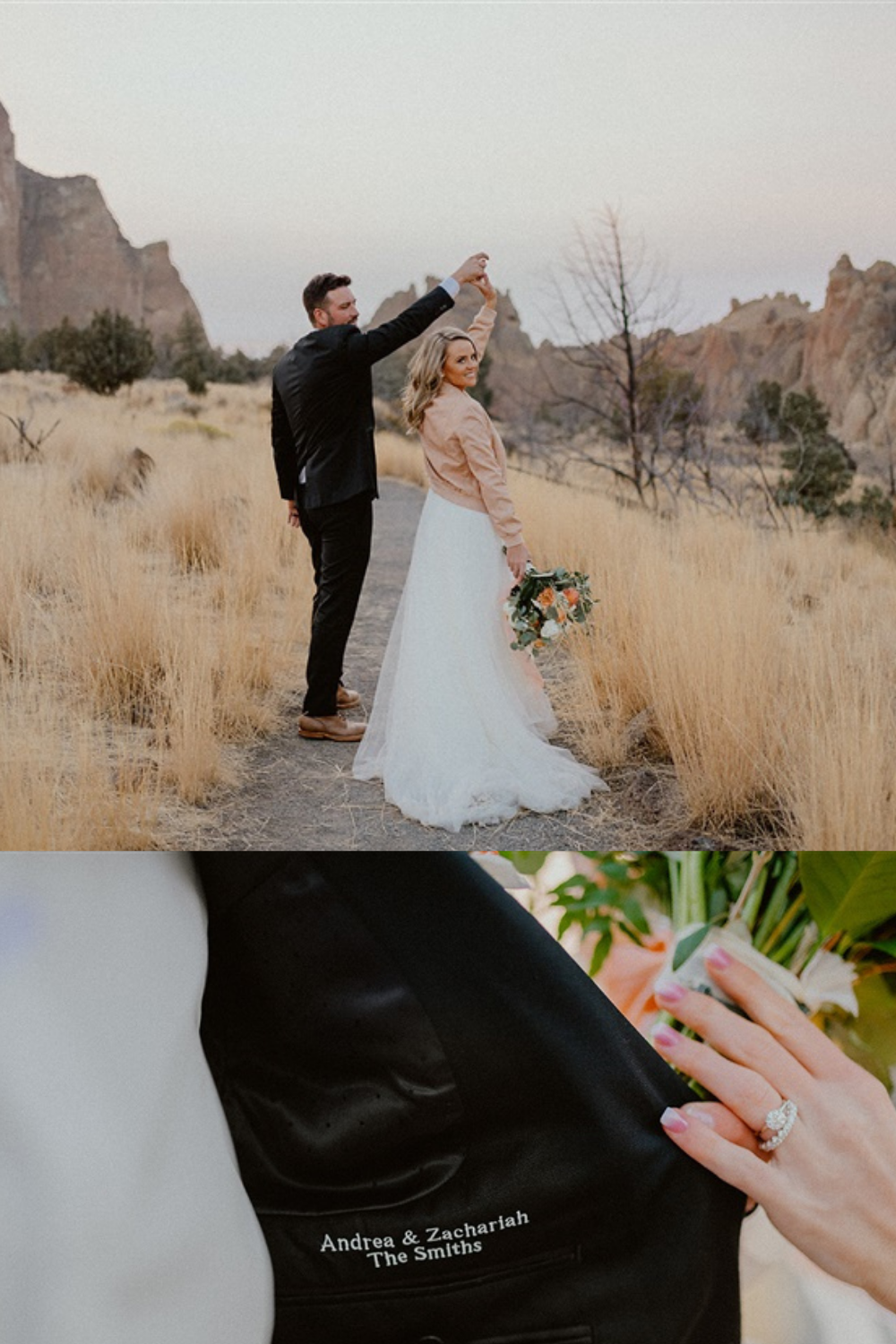 bride and groom dance in Smith Rock State park elopement inspiration with close up of groom style accent ideas and brides wedding rings | Sun River Elopement, Destination Elopement Photographer, Smith Rock Elopement Inspiration, Oregon Elopement ideas, PNW Fall Wedding Inspiration, Fall Outdoor Wedding Ideas,Fall Wedding Inspiration, PNW Outdoor Wedding Ideas | chelseaabril.com