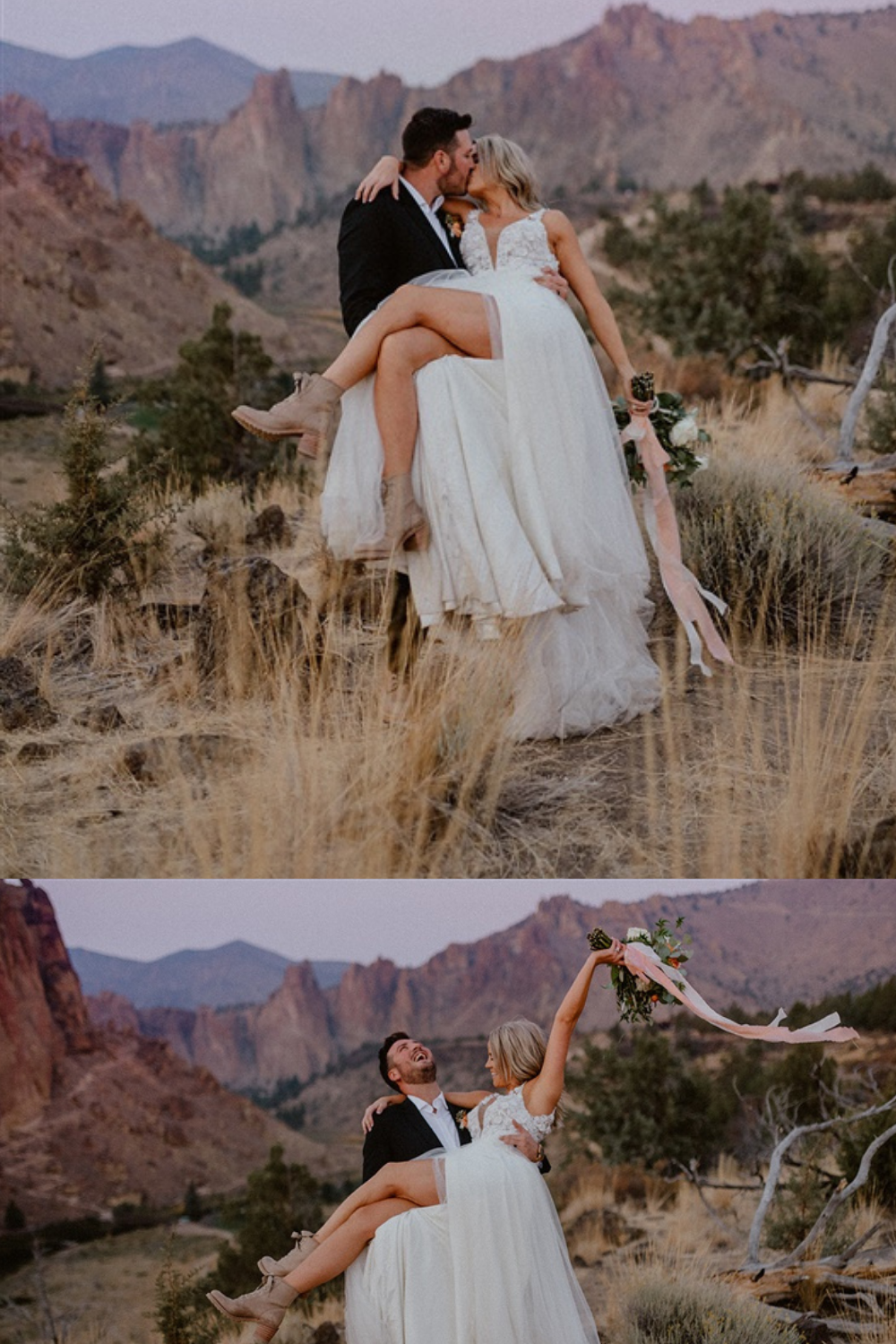 Bride and groom celebrate wedding in Smith Rock state park after their destination Sun River elopement in Oregon Fall wedding photography | Sun River Elopement, Destination Elopement Photographer, Smith Rock Elopement Inspiration, Oregon Elopement ideas, PNW Fall Wedding Inspiration, Fall Outdoor Wedding Ideas,Fall Wedding Inspiration, PNW Outdoor Wedding Ideas | chelseaabril.com