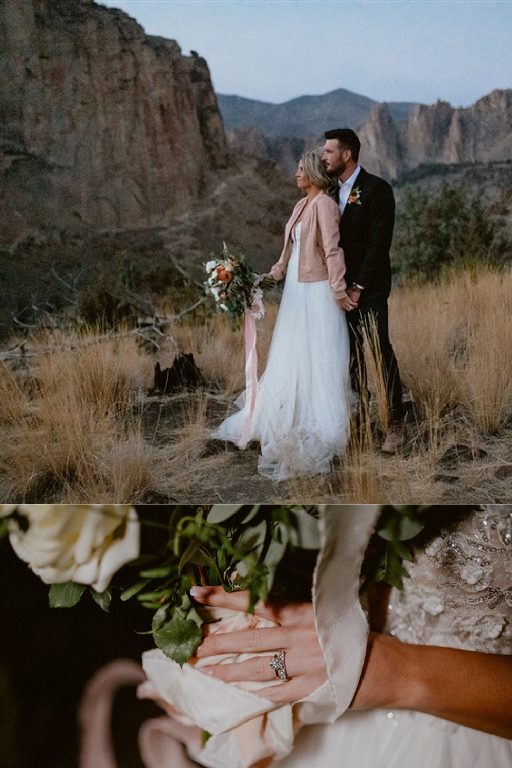 Bride and groom twilight photography post-ceremony wedding inspiration in Smith Rock State park elopement | Sun River Elopement, Destination Elopement Photographer, Smith Rock Elopement Inspiration, Oregon Elopement ideas, PNW Fall Wedding Inspiration, Fall Outdoor Wedding Ideas,Fall Wedding Inspiration, PNW Outdoor Wedding Ideas | chelseaabril.com