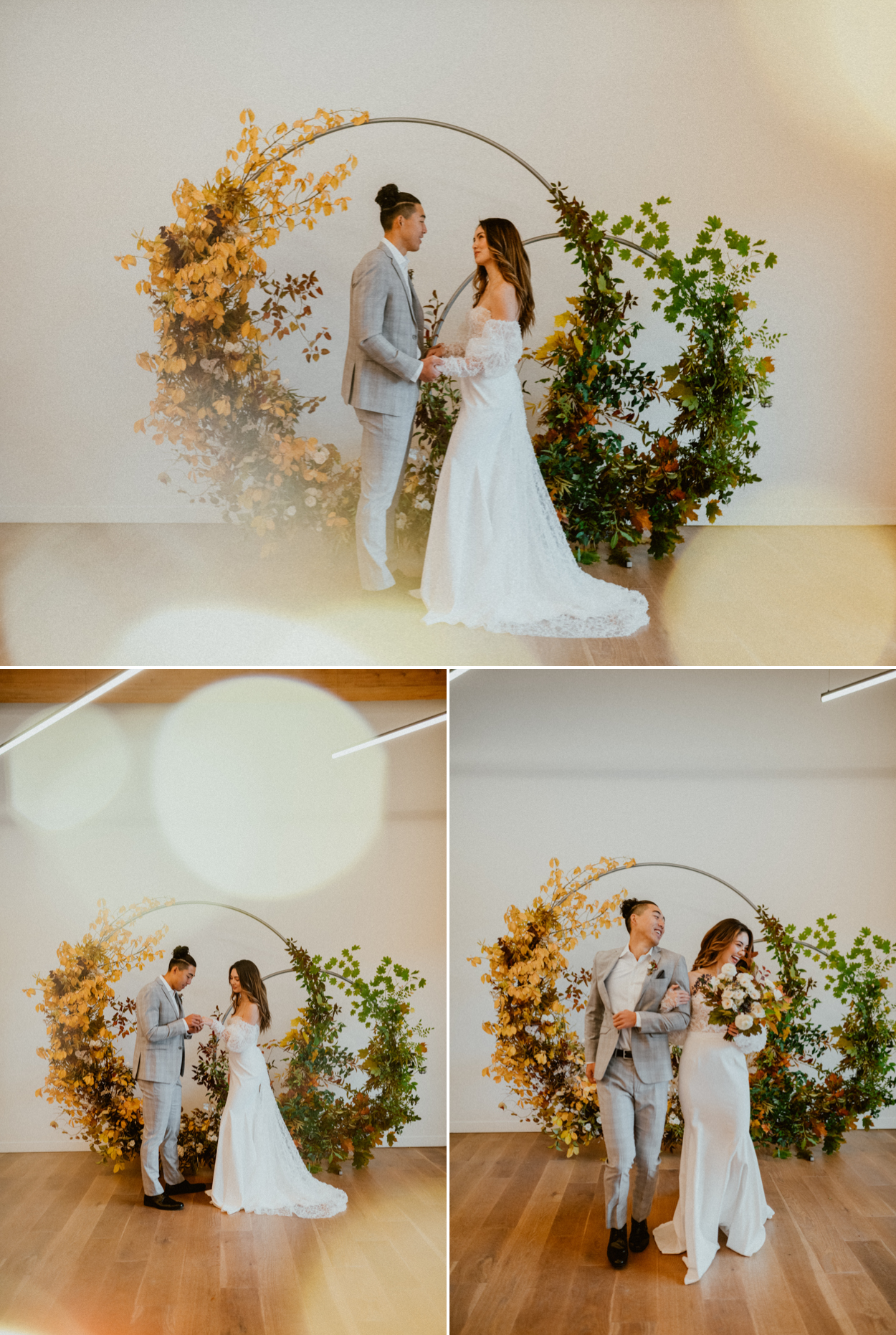 bride and groom romantic pose on arbor backdrop fall inspired wedding