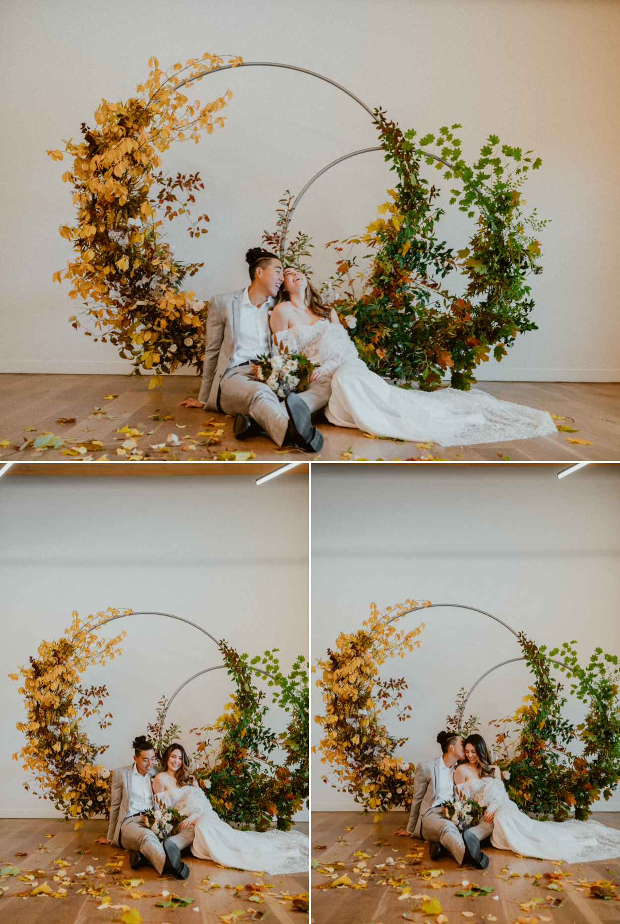 Bride and groom sitting in front of arbor background in block 41 seattle fall inspired wedding