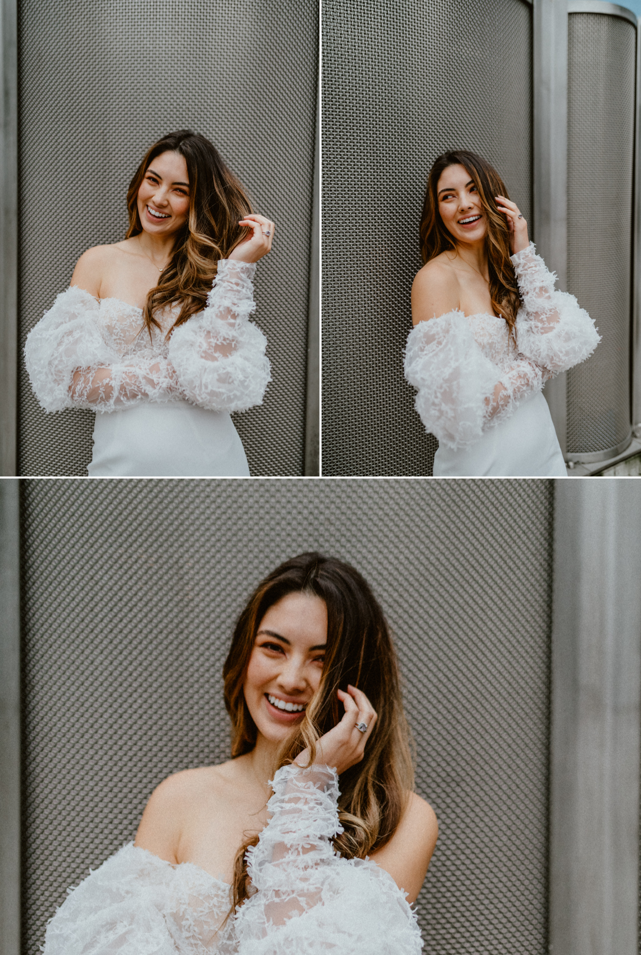 Bride laughing while touching her hair