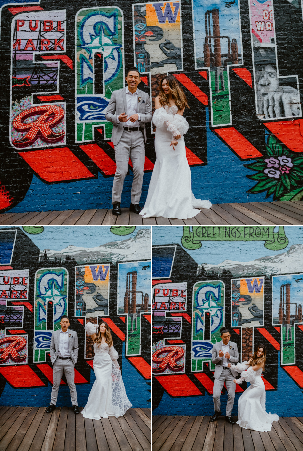 Bride and groom photos in front of wall with graffiti