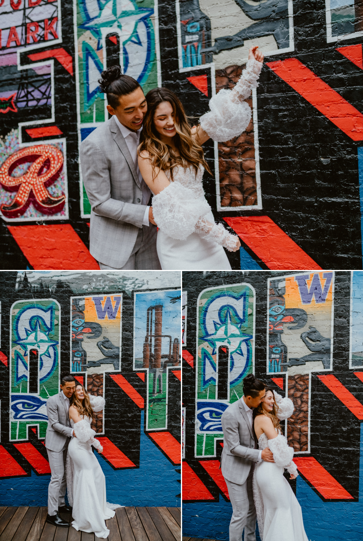 Bride and groom dancing in front of wall with graffiti