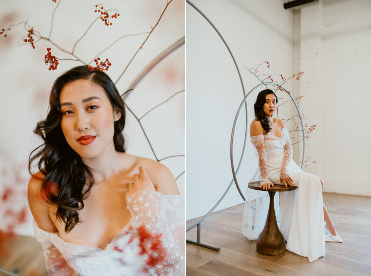 Asian bride in front of wedding arch Block 41 inspiration for wedding and elopement