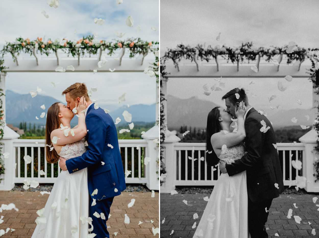 bride and groom wedding kiss Seattle wedding photography